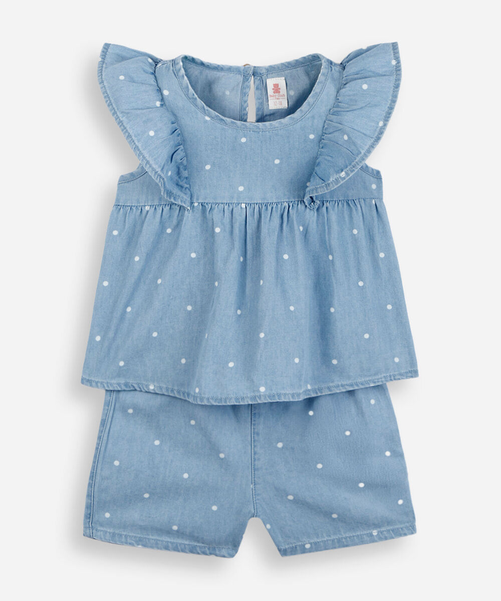 conjunto curto infantil jeans poá azul