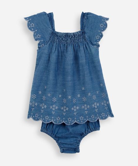 vestido midi infantil jeans laise com calcinha azul