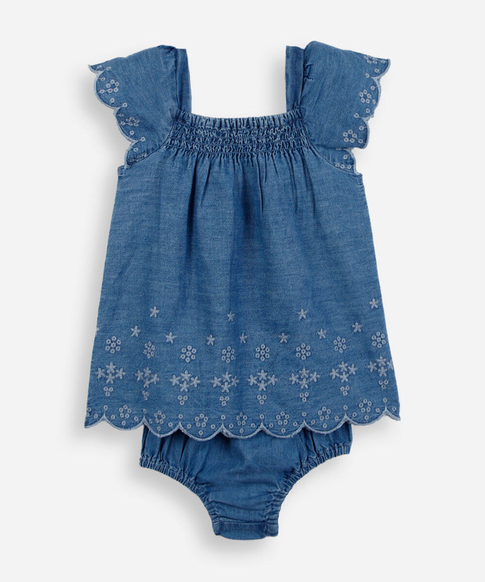 vestido midi infantil jeans laise com calcinha azul