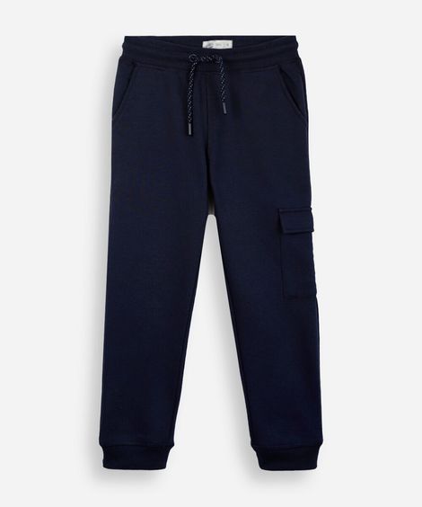 calça jogger infantil de moletom com bolso cargo azul