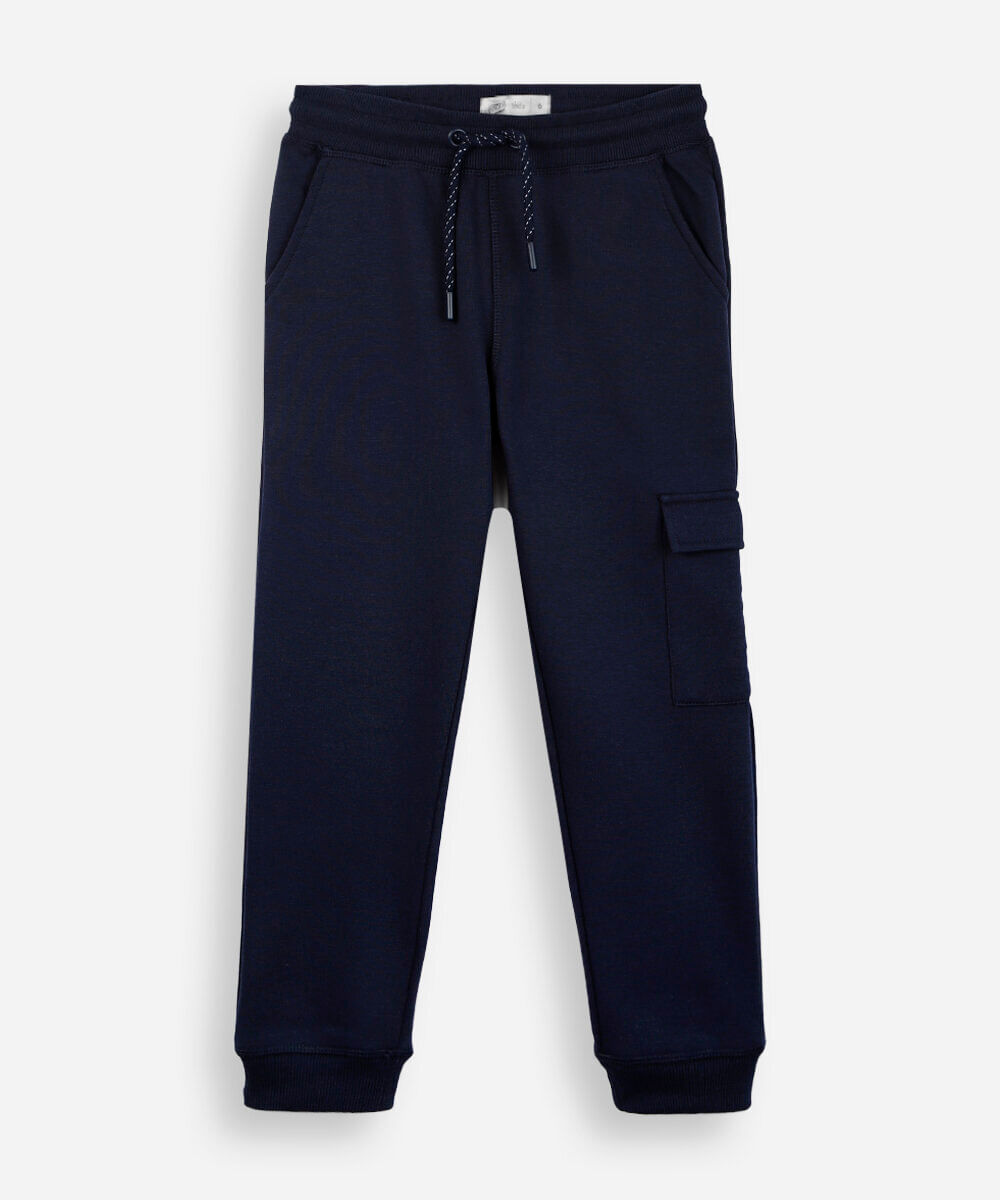 calça jogger infantil de moletom com bolso cargo azul