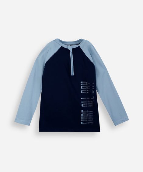 camiseta raglan infantil com zíper e proteção uv estampada azul