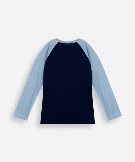 camiseta raglan infantil com zíper e proteção uv estampada azul