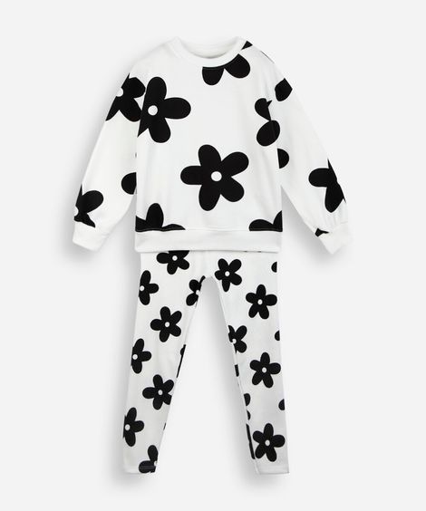 conjunto longo infantil de moletom floral off white