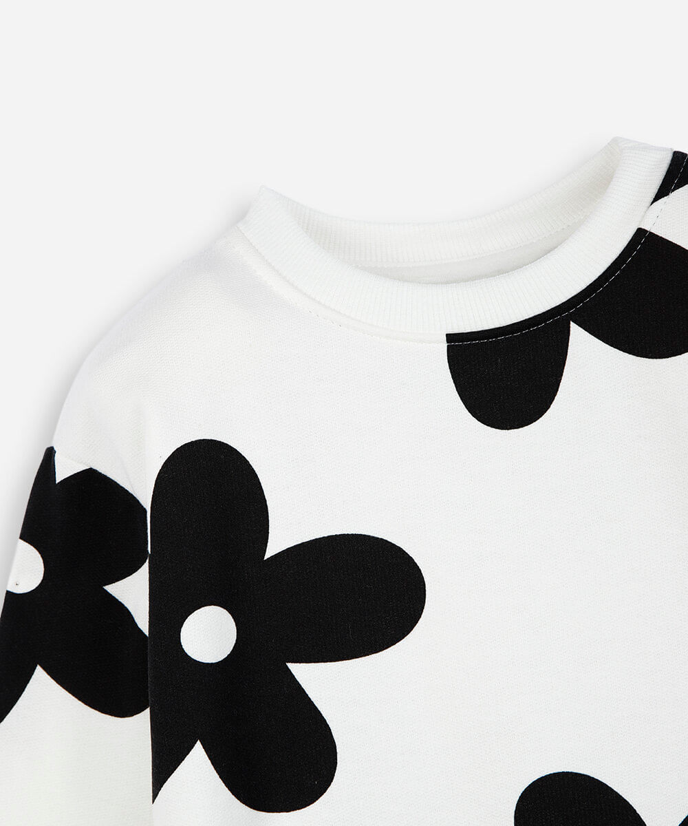 conjunto longo infantil de moletom floral off white