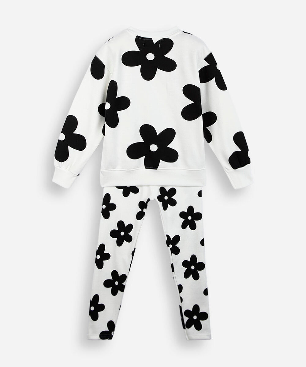 conjunto longo infantil de moletom floral off white