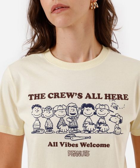 camiseta feminina de algodão snoopy peanuts amarela