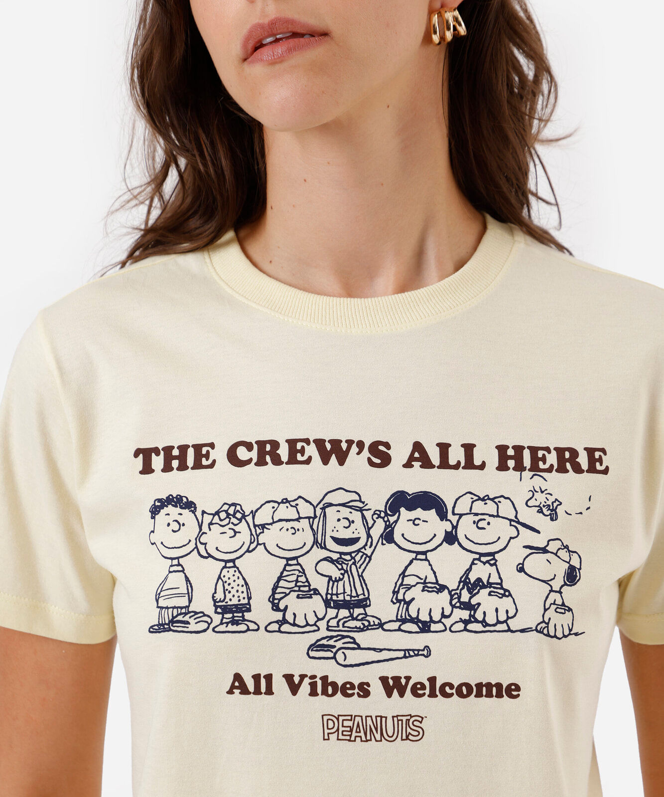 camiseta feminina de algodão snoopy peanuts amarela