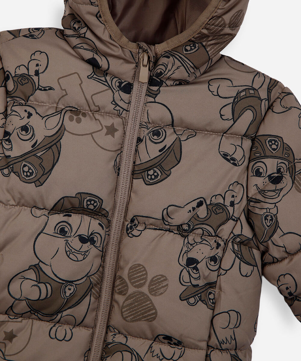jaqueta puffer infantil com capuz patrulha canina marrom