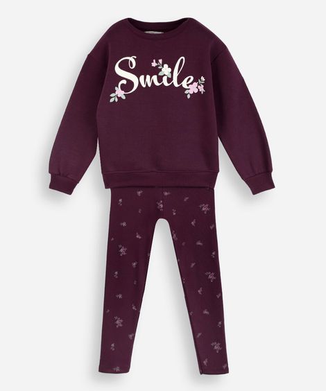 conjunto infantil de moletom floral vinho