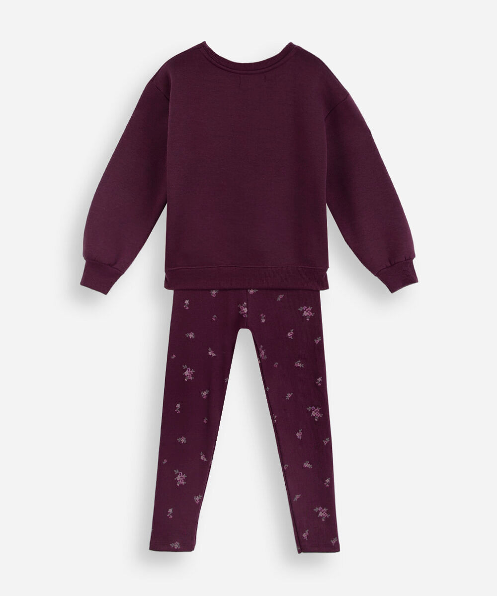 conjunto infantil de moletom floral vinho