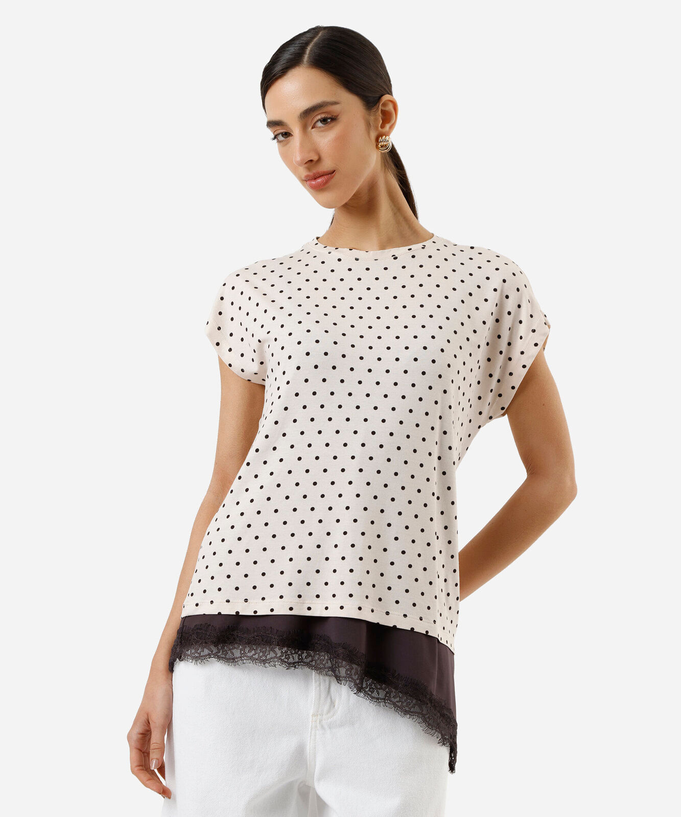 blusa feminina de viscose manga curta poá off white