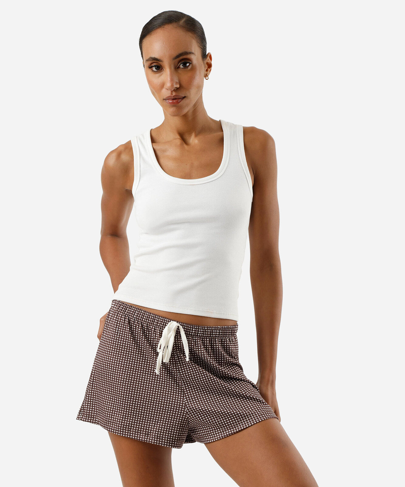 short de pijama avulso feminino xadrez marrom