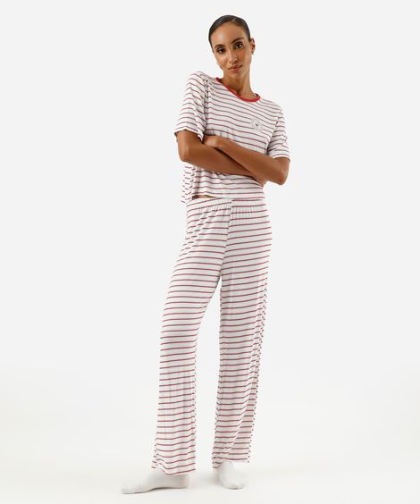 pijama longo feminino de viscose hello kitty listrado off white