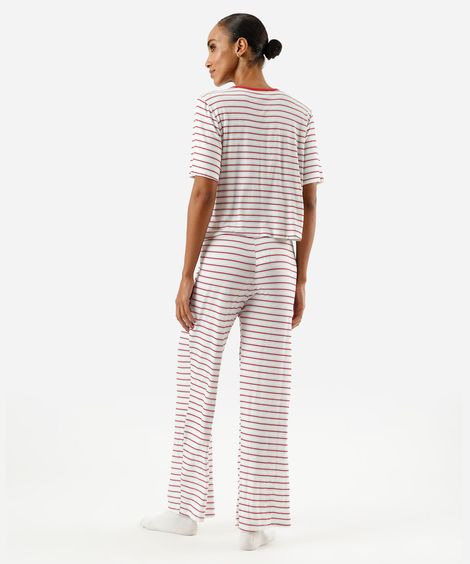 pijama longo feminino de viscose hello kitty listrado off white