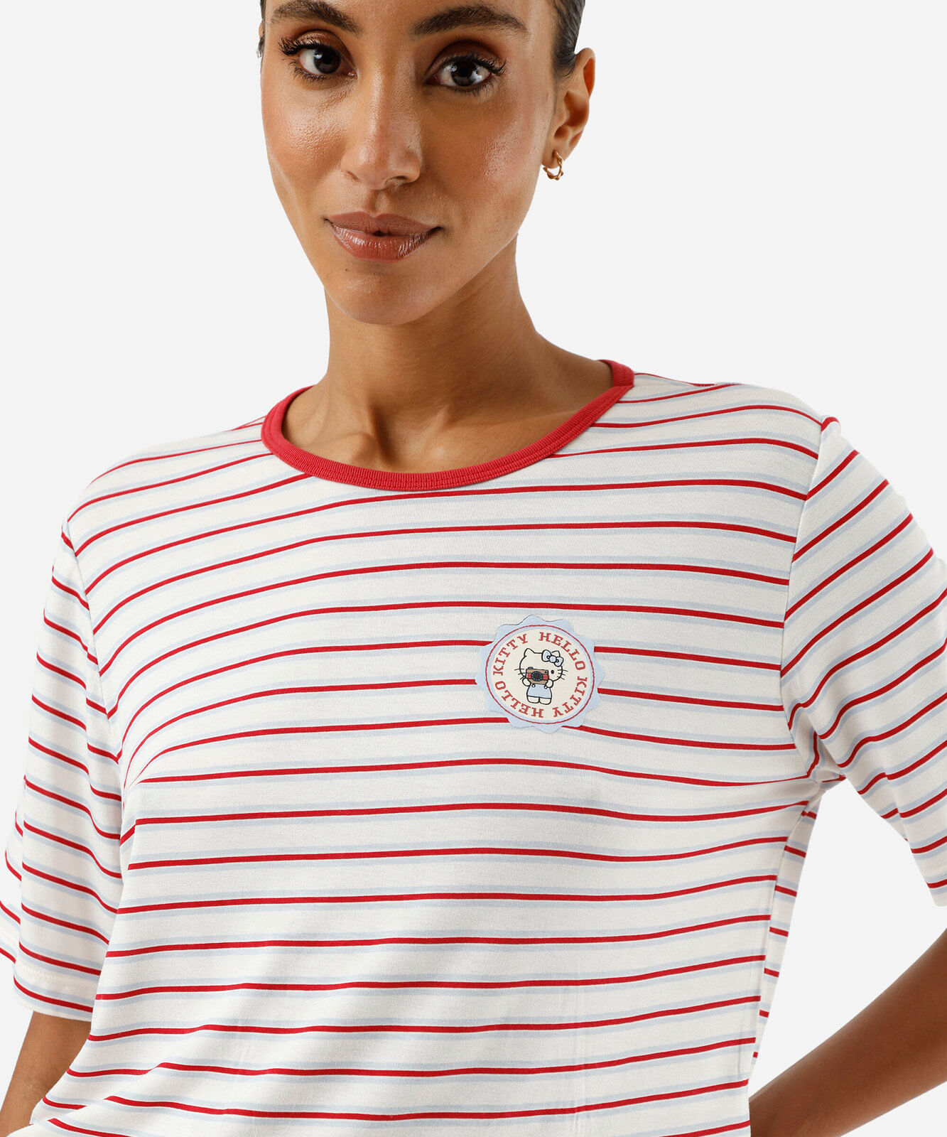 pijama longo feminino de viscose hello kitty listrado off white