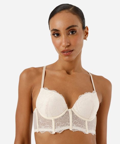 sutiã cropped meia taça feminino de renda floral  bege