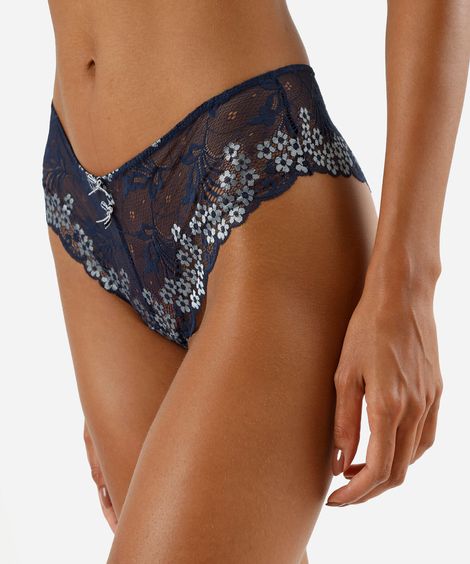 calcinha caleçon feminina de renda floral azul