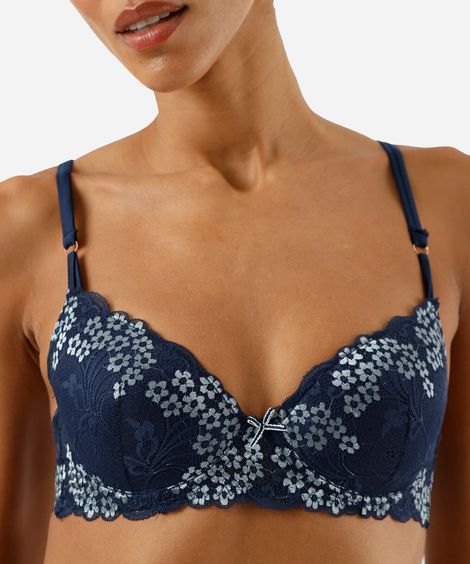 sutiã meia taça feminino de renda floral azul
