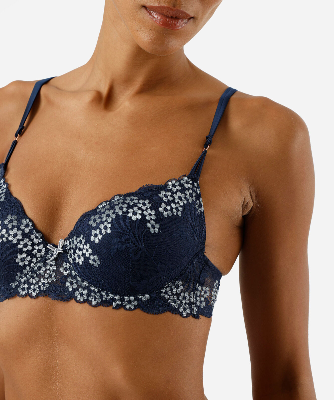 sutiã meia taça feminino de renda floral azul