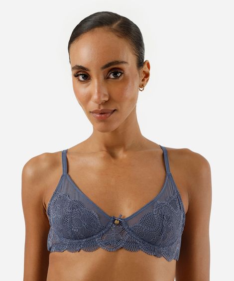 sutiã meia taça sem bojo de tule e renda azul
