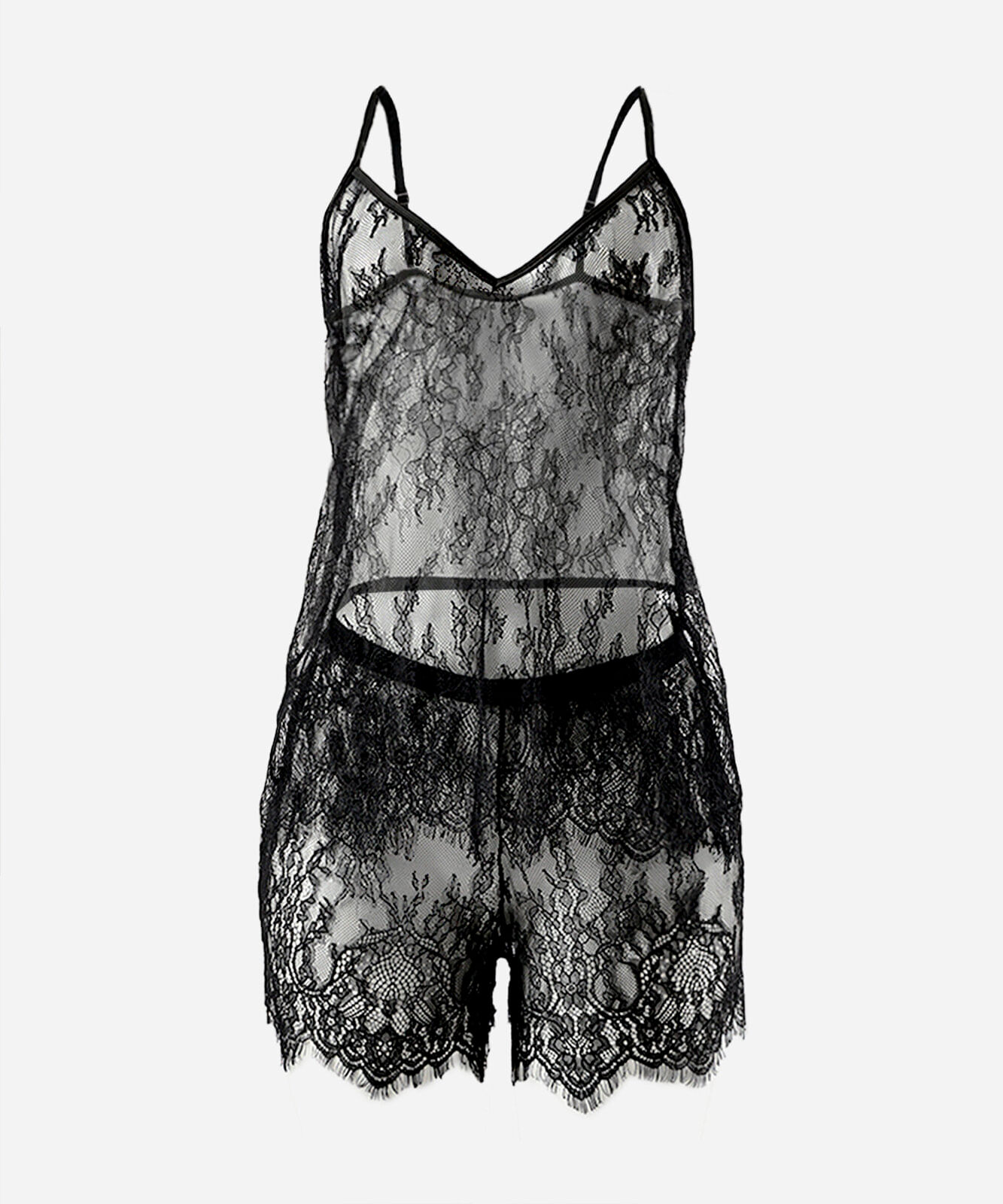 pijama short doll feminino de renda floral preto