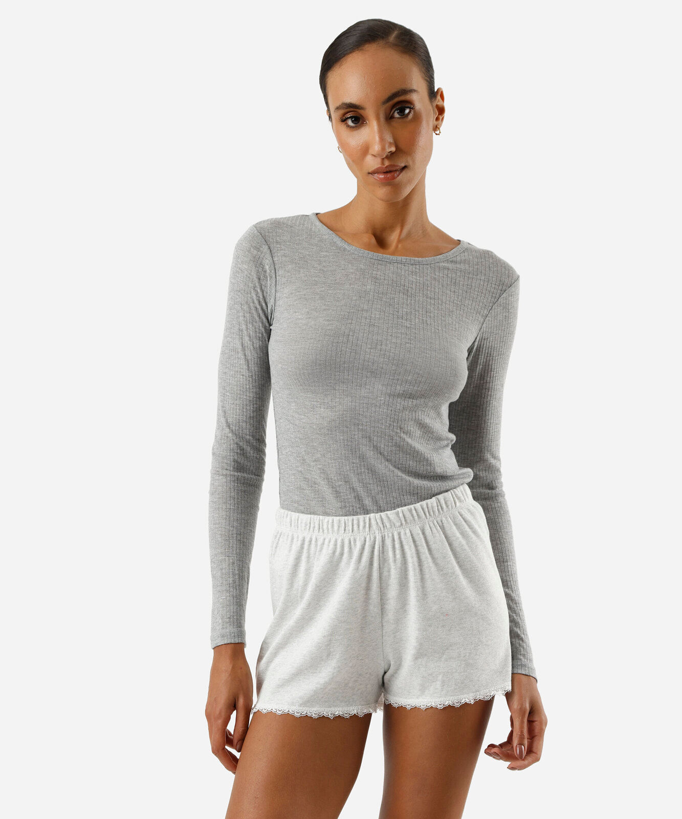 short de pijama avulso feminino com renda canelado cinza mescla