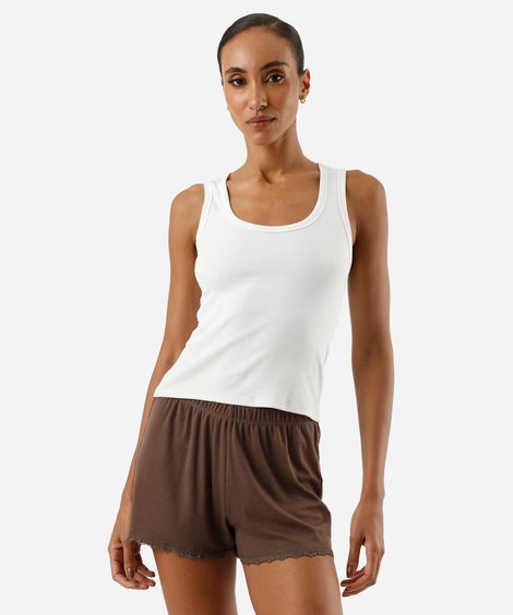 short de pijama avulso feminino com renda canelado  marrom