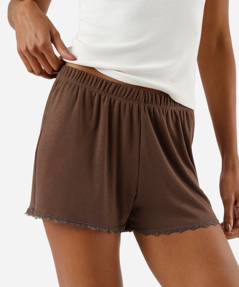 short de pijama avulso feminino com renda canelado  marrom