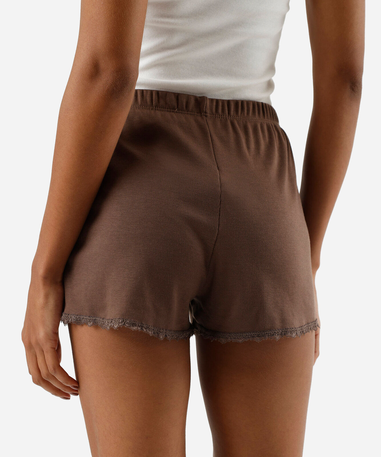 short de pijama avulso feminino com renda canelado  marrom