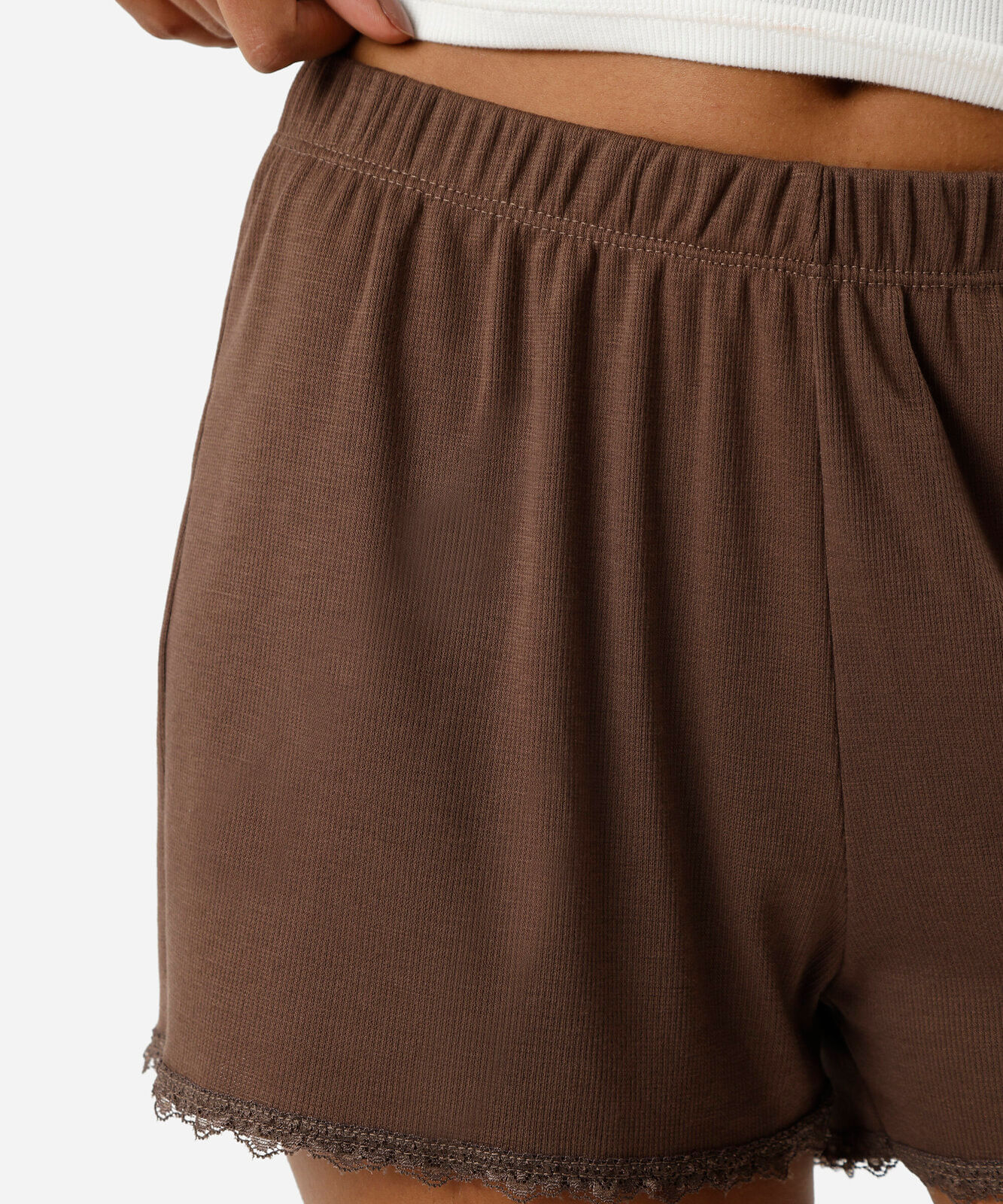 short de pijama avulso feminino com renda canelado  marrom