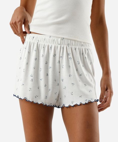 short de pijama avulso feminino canelado floral off white