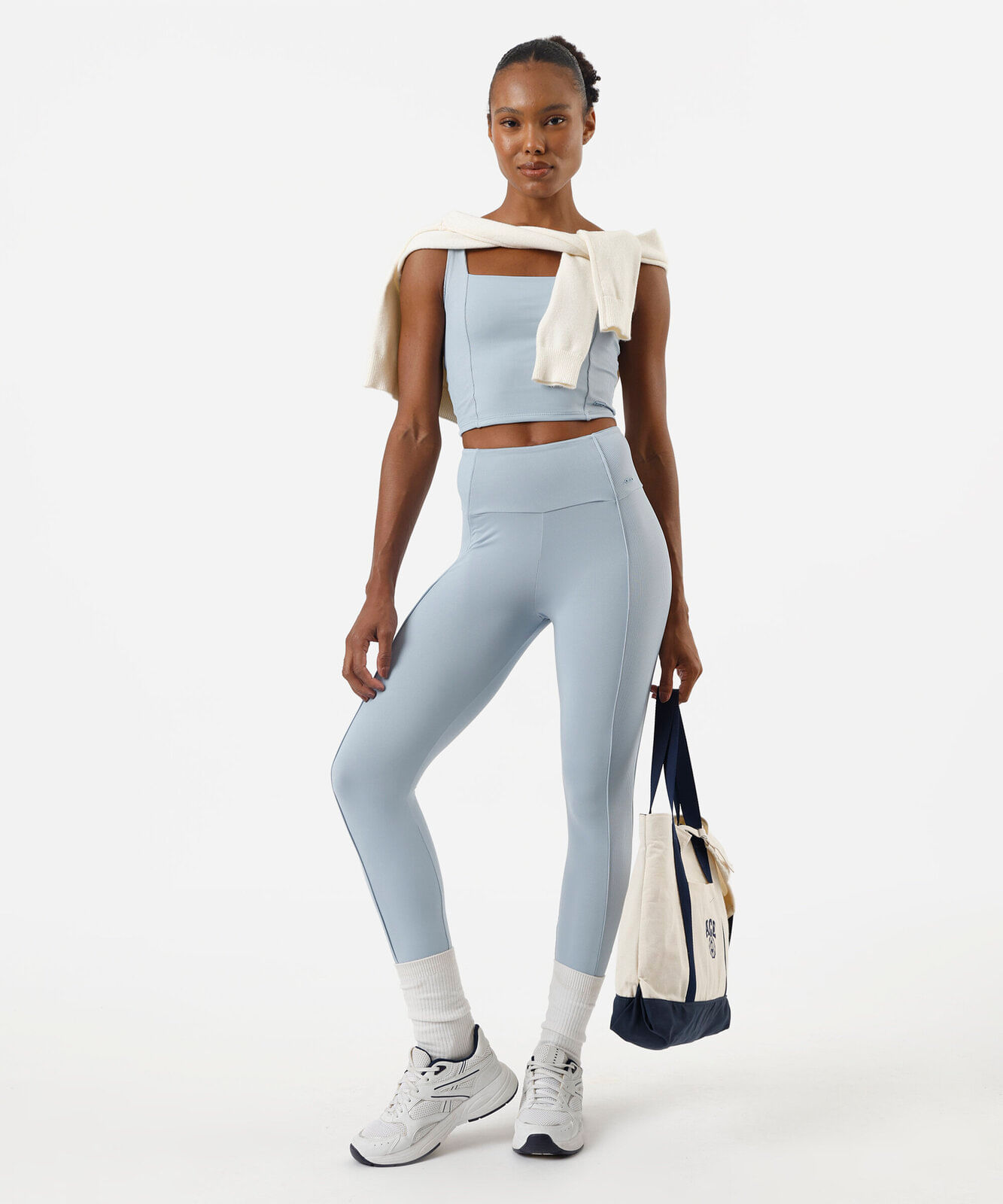 calça legging feminina esportiva com recorte canelado azul