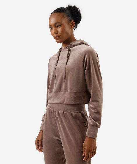 blusão cropped feminino de plush com capuz esportivo ace marrom