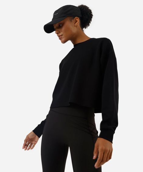 blusão cropped feminino gola redonda esportivo ace  preto