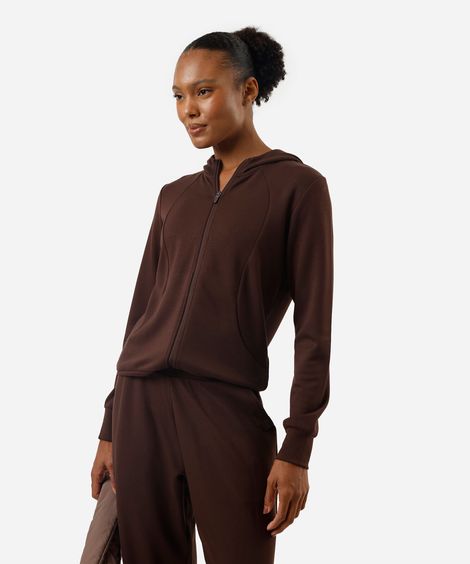 jaqueta feminina com recorte e capuz esportiva ace marrom