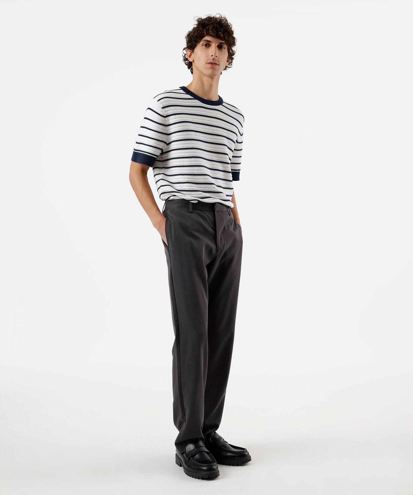 camiseta masculina de tricot listrada off white