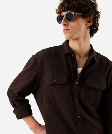 camisa masculina de algodão manga longa texturizada marrom