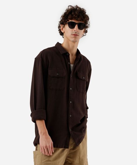 camisa masculina de algodão manga longa texturizada marrom