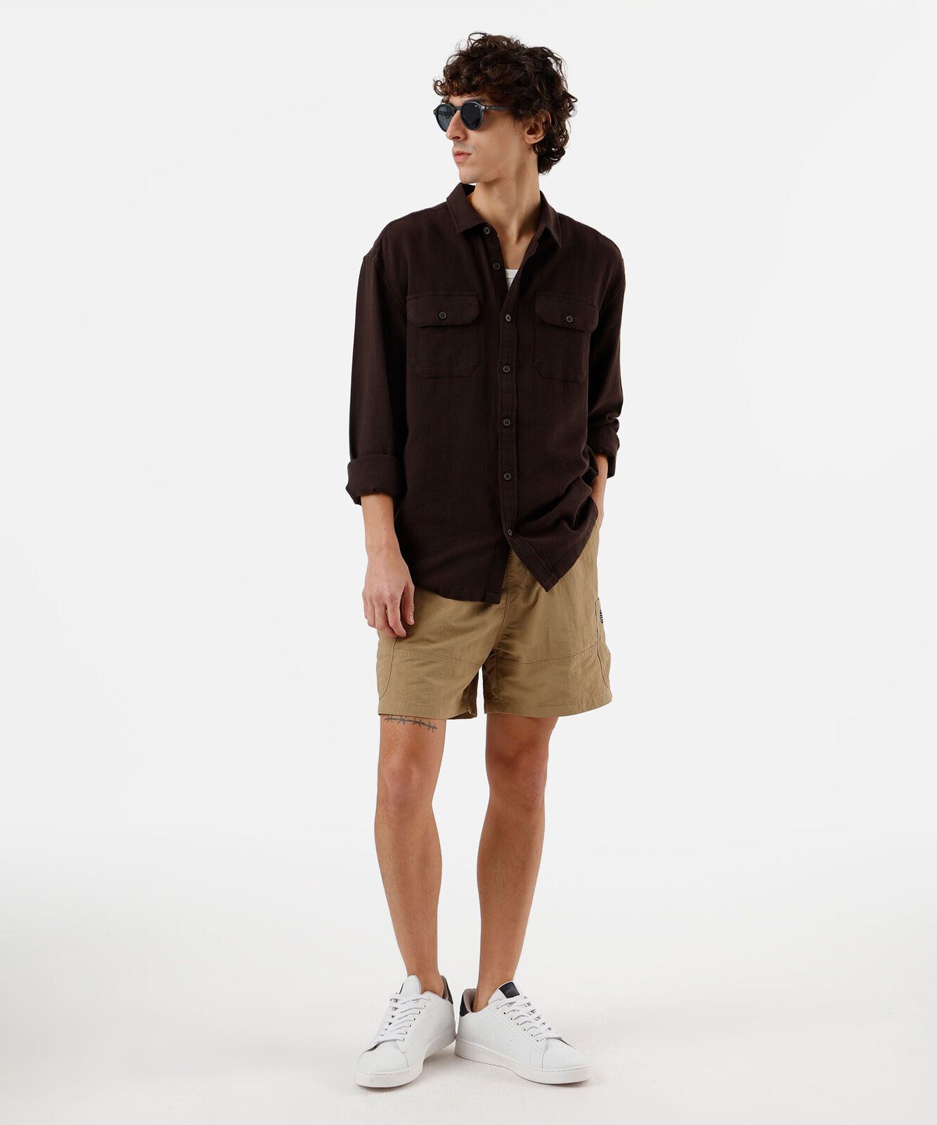camisa masculina de algodão manga longa texturizada marrom