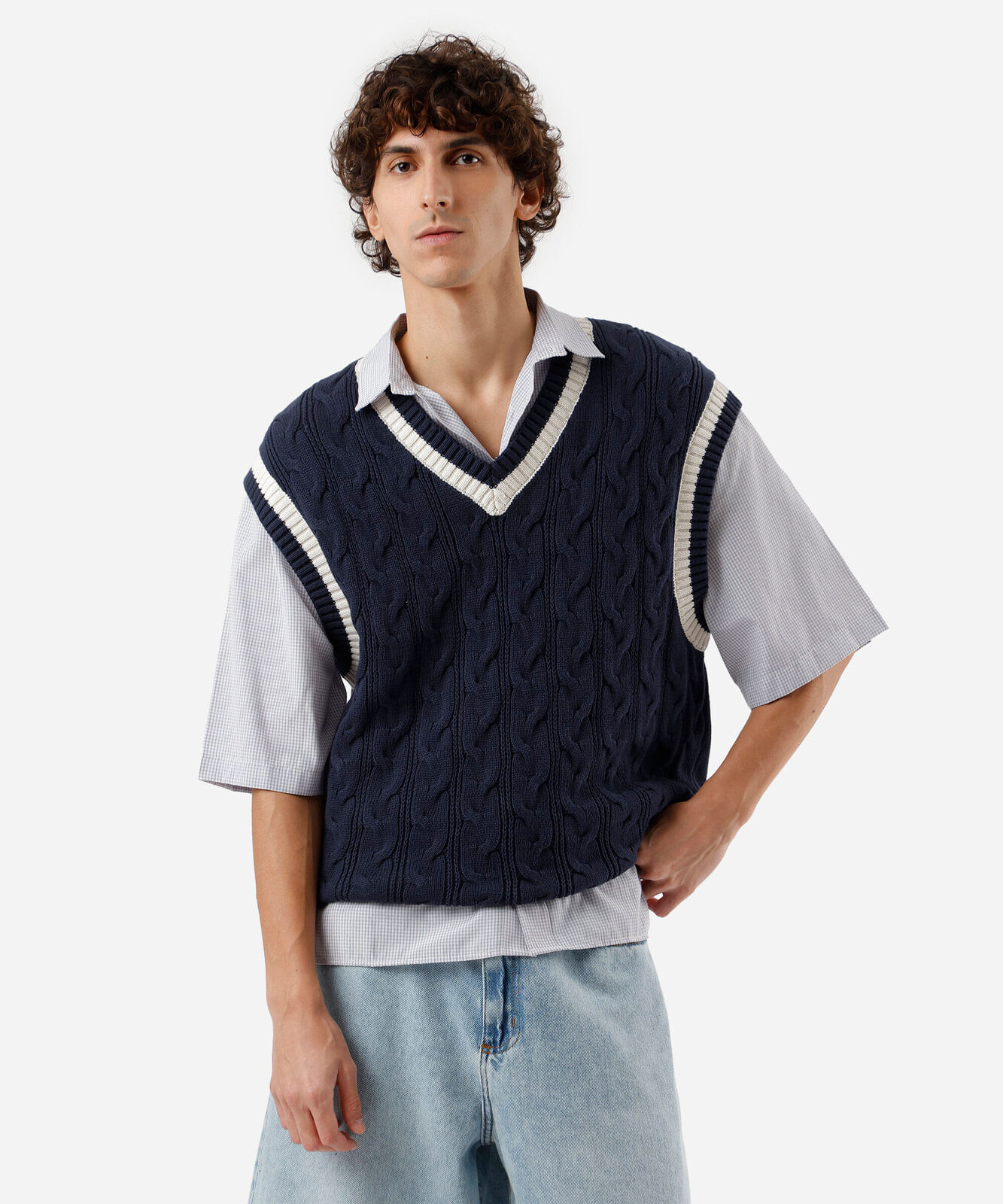 colete masculino de tricot texturizado azul
