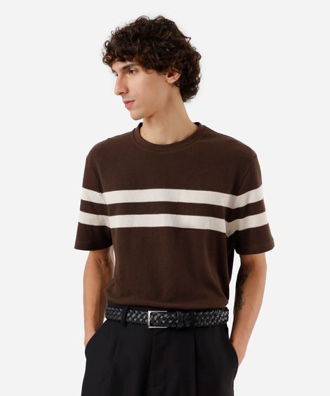 camiseta masculina de algodão manga curta listrada texturizada marrom
