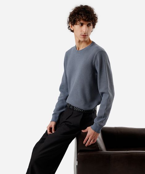 suéter masculino de tricot gola redonda manga longa azul