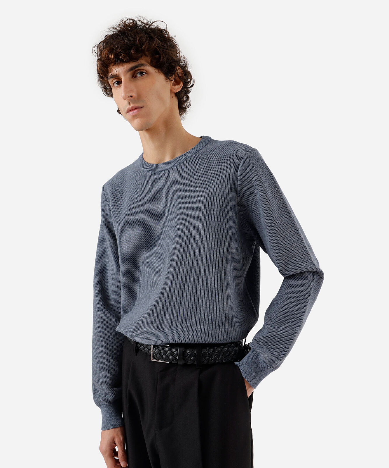 suéter masculino de tricot gola redonda manga longa azul