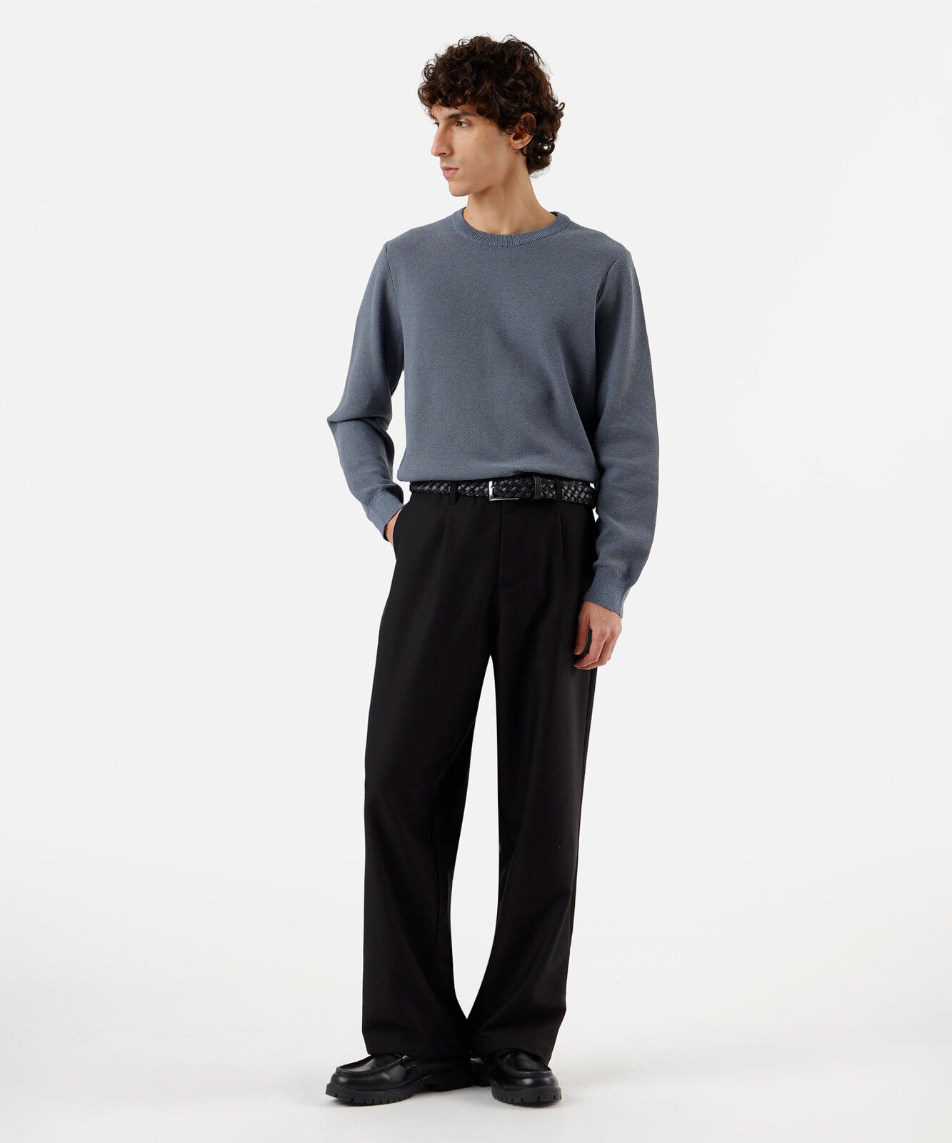 suéter masculino de tricot gola redonda manga longa azul