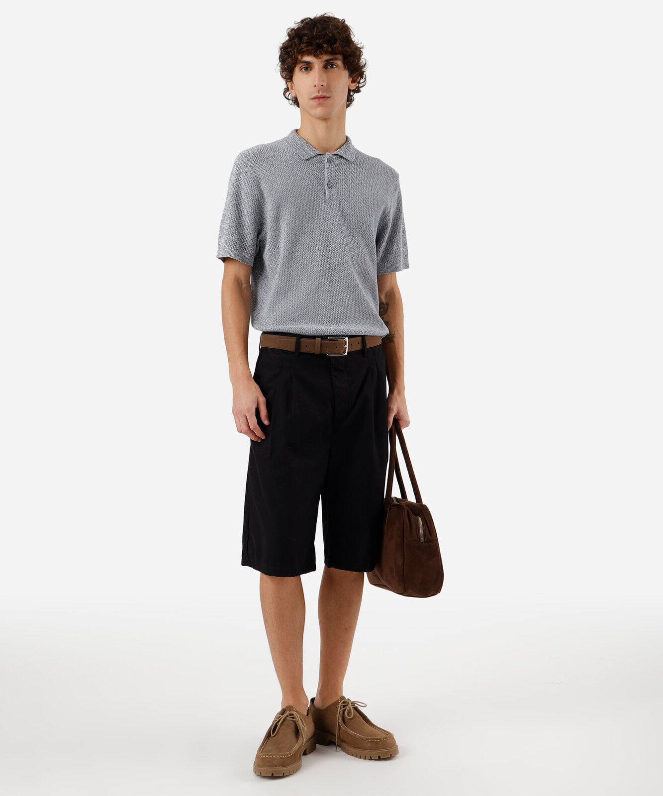 polo masculina de tricot manga curta cinza