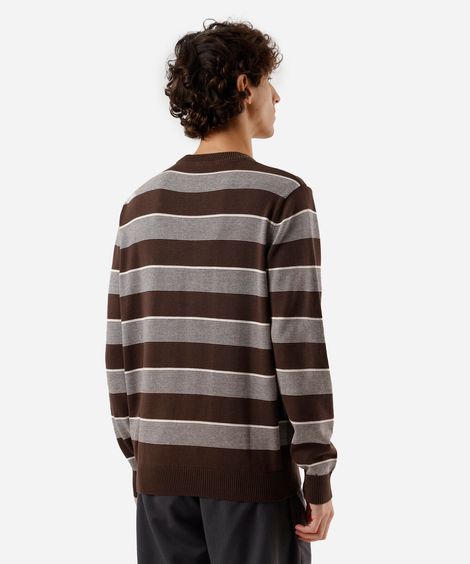 suéter masculino de tricot gola redonda manga longa listrado marrom