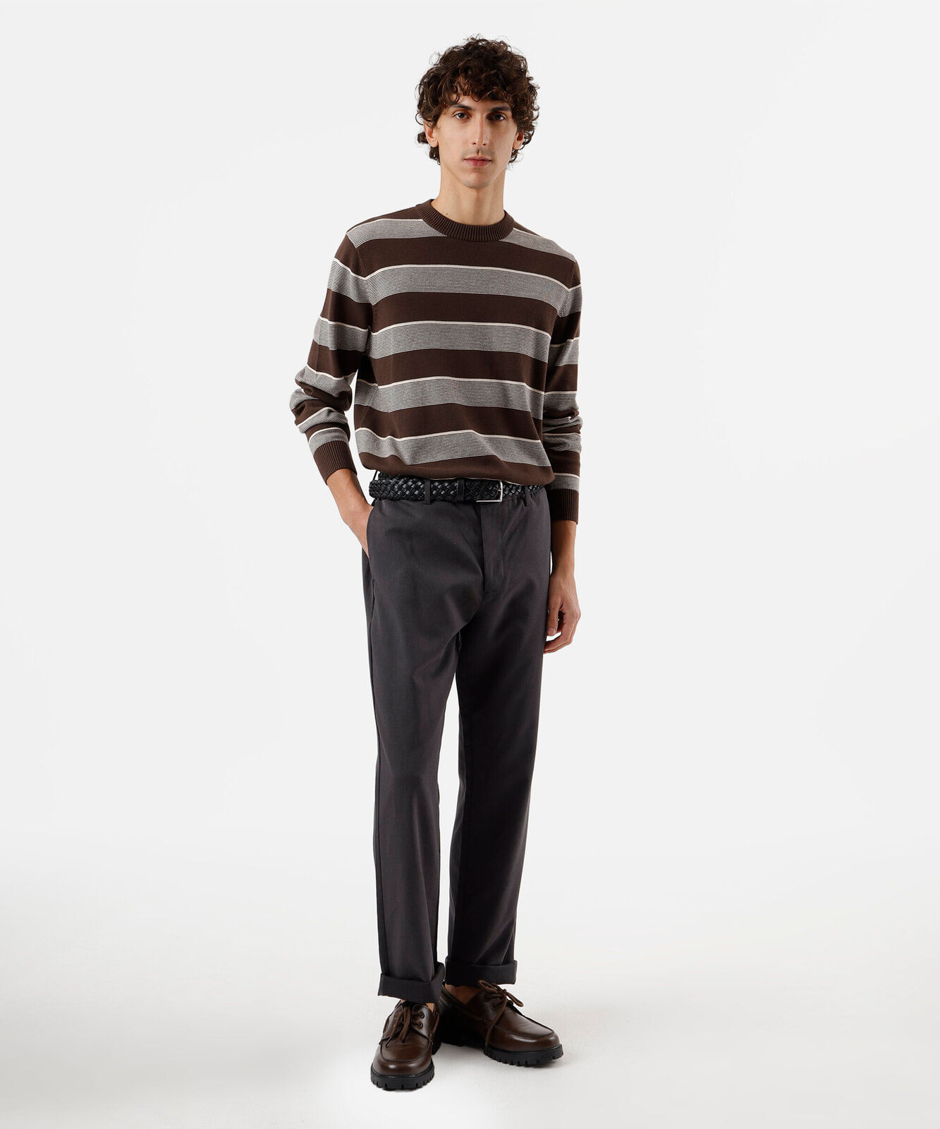 suéter masculino de tricot gola redonda manga longa listrado marrom