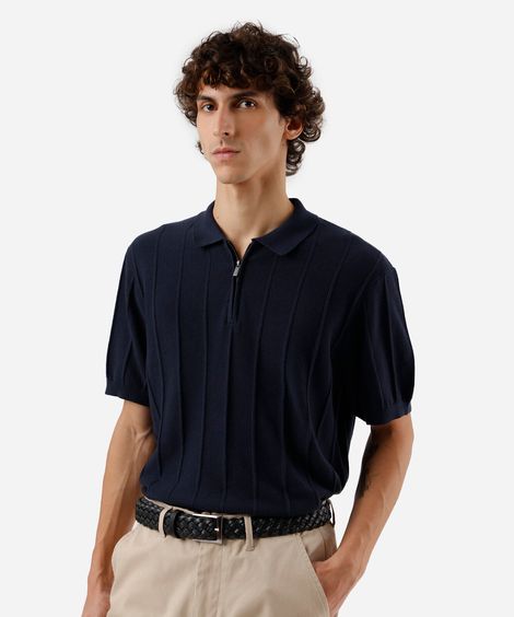 polo masculina de tricot canelada azul