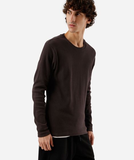 camiseta slim fit masculina de algodão manga longa canelada marrom